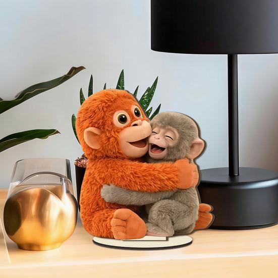 Niedliches Affen-Tischschild (2D) mit Babyäffchen und Plüschtier, Schreibtischdeko aus Holz für Zuhause oder Büro, herzerwärmendes Geschenk für Freunde