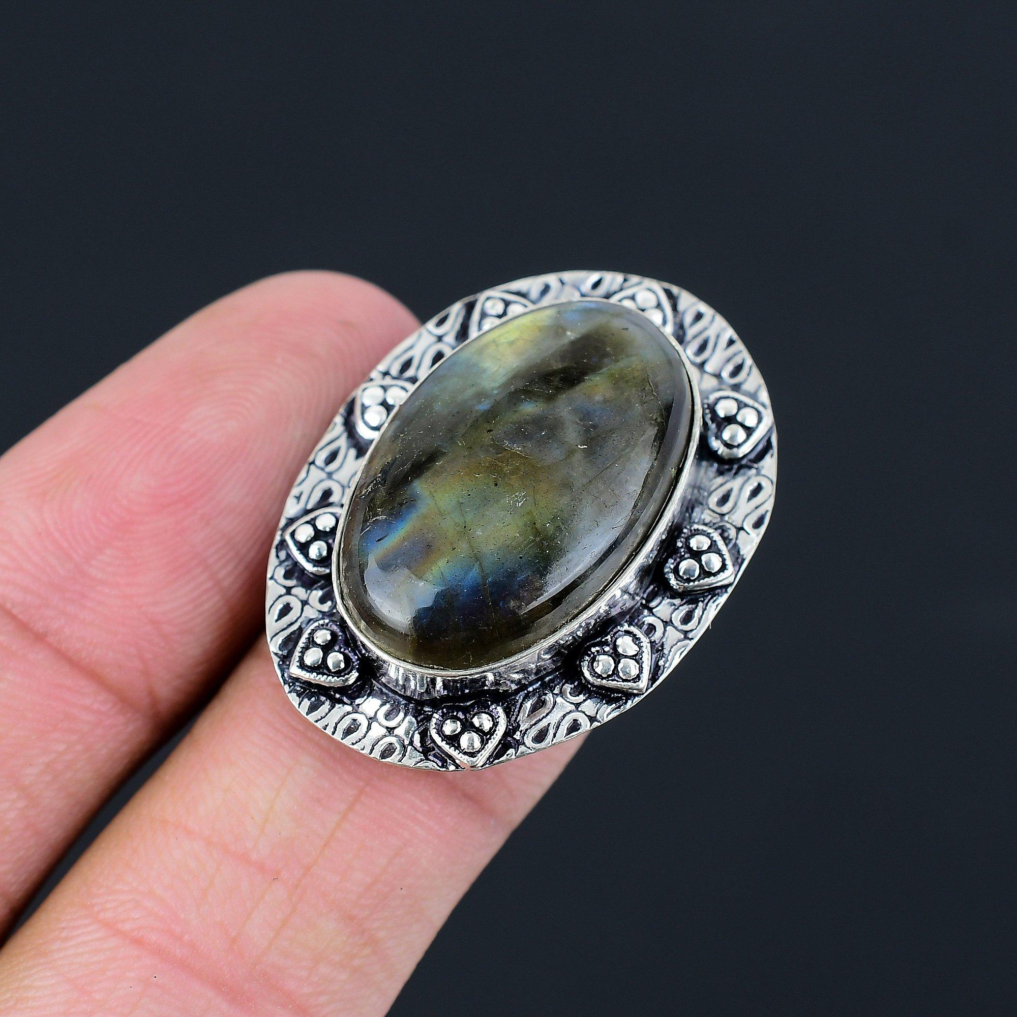 Oval Natural Labradorite 925 Sterling Silver Multi Stone Statement Ring Size 7 7