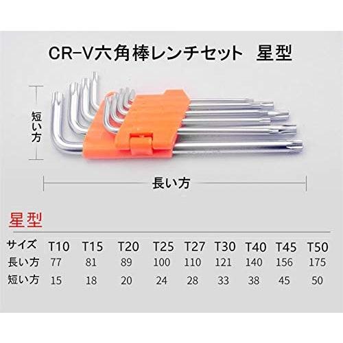 9-Piece Cr-v Hex Key Wrench Set, Includes Star-Shaped L-Type Wrenches, Precision T10, T15, T20, T27, T30, T40, T45, and T50 (Star-Shaped)