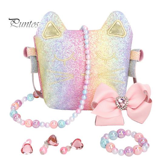 Rainbow Glitter Kids Purse Pretend Play Handbag Set Role Toy Necklace Fairy Tale Dress Up Toys Bracelet Accessories Educational Present for