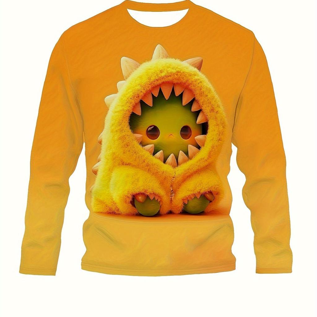 Men's Monster Print 3D Graphic Long Sleeve T-Shirt Casual Crew Neck Polyester Pullover Comfort Fit Knit Top Daily Casual Wear