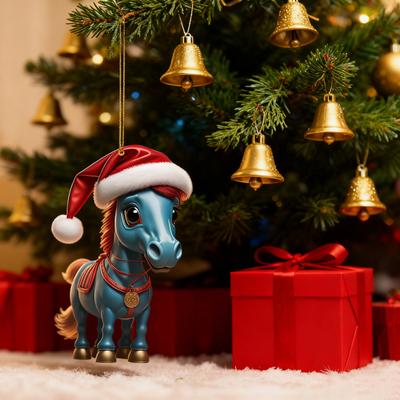 Horse Christmas Ornament Cartoon 2D Flat Horse Hanging Ornament with Santa Hat And Christmas Balls Car Rear View Mirror