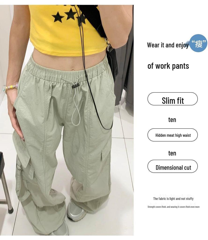 Retro Purple High-Waisted Straight-Leg Cargo Pants - Spring Loose-Fit Sport Wide-Leg Style