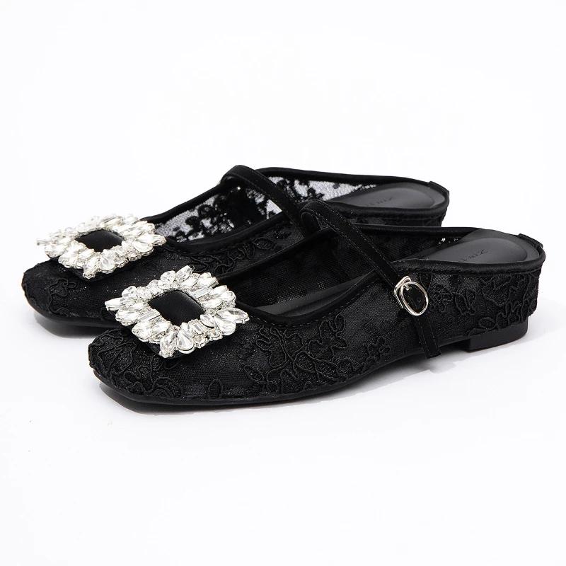 

Luxury Rhinestone Square Buckle Flat Shoes Women Comfortable Mesh Embroidery Brand Designer Shoes Elegant Commuter Office Shoes 39 чёрный