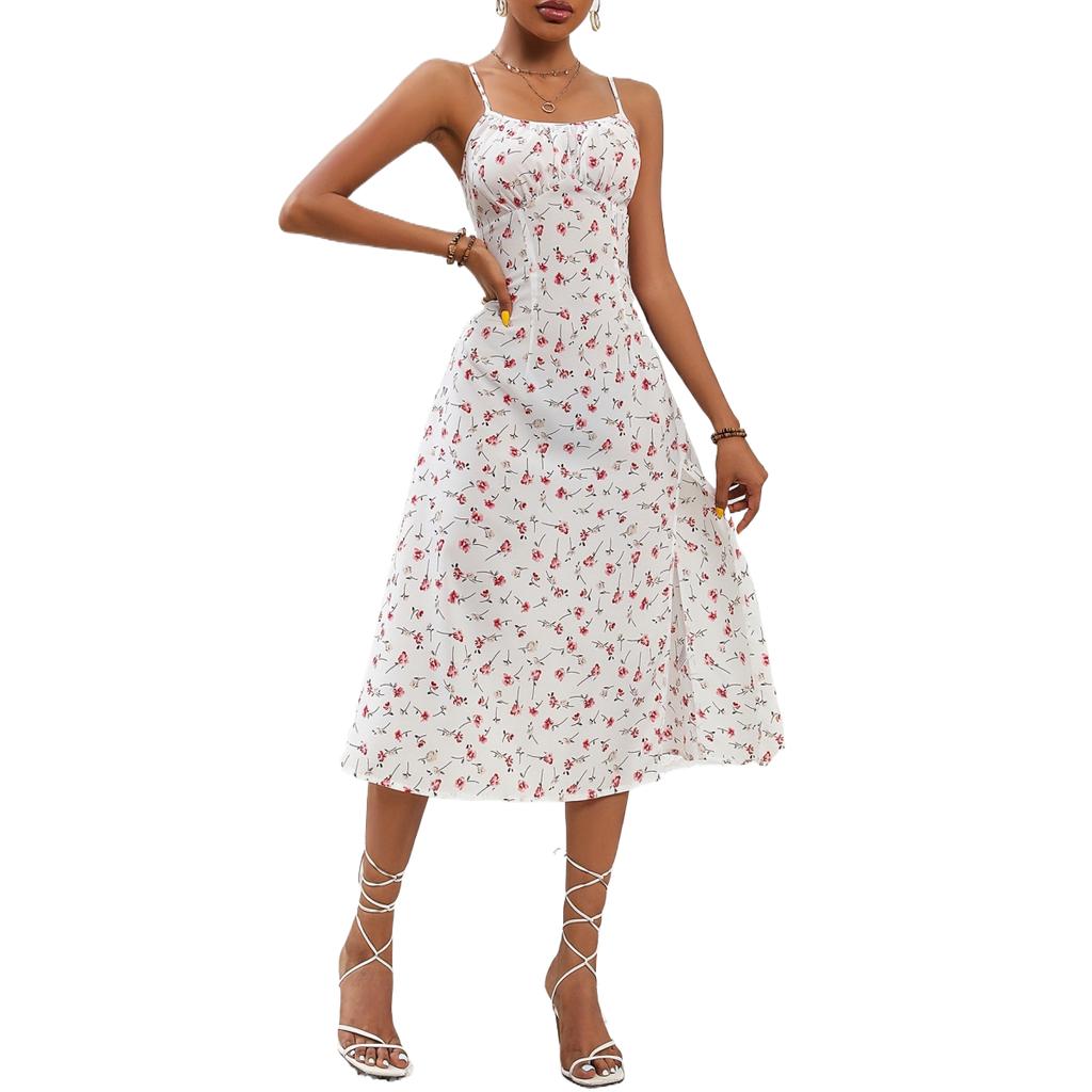 Summer Dresses for Women 2024 Casual Spaghetti Strap Sundresses Polka Dot Slim Fit Split Knee Length Boho Dress