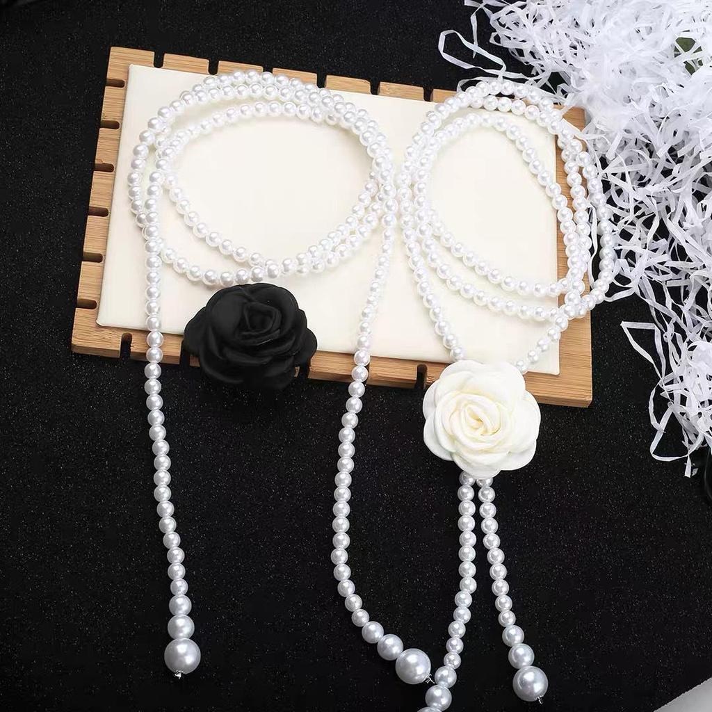 Korean Fashion Black & White Camellia Pearl Waist Chain Belt for Women