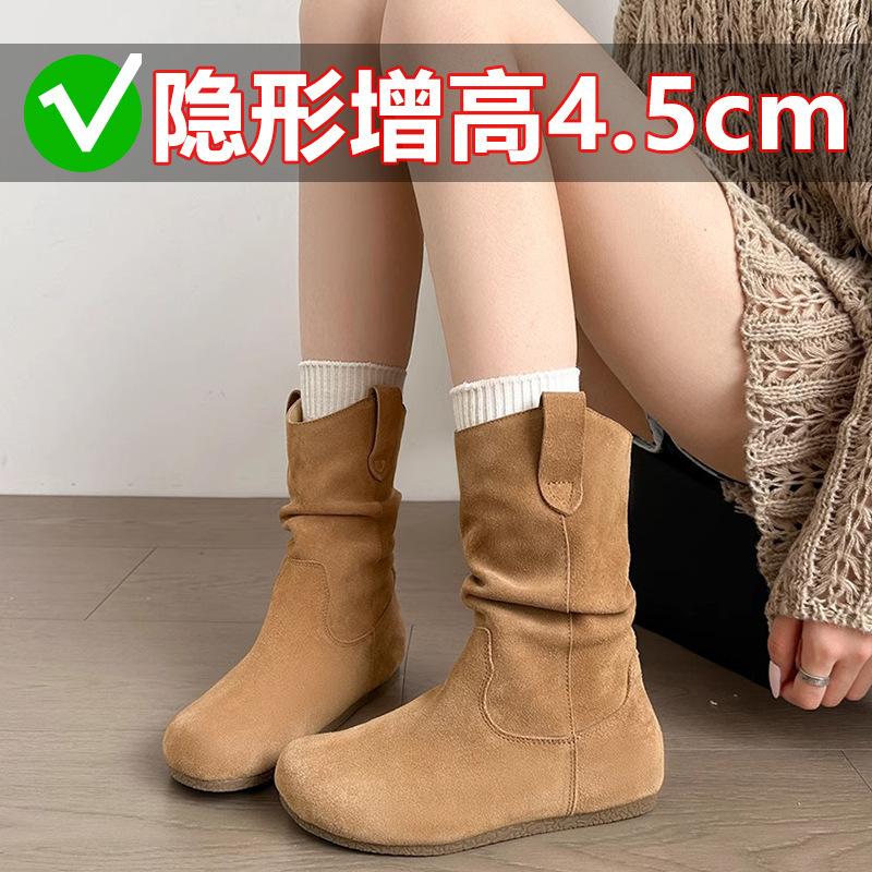 Spot second hair! Inner heightening retro pile boots women's new leather suede lazy western short boots fashion boots