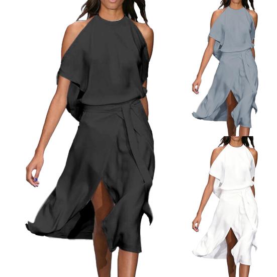 Long Dress Halter Simple Elegant Women Off Shoulder Loose Dress for Work