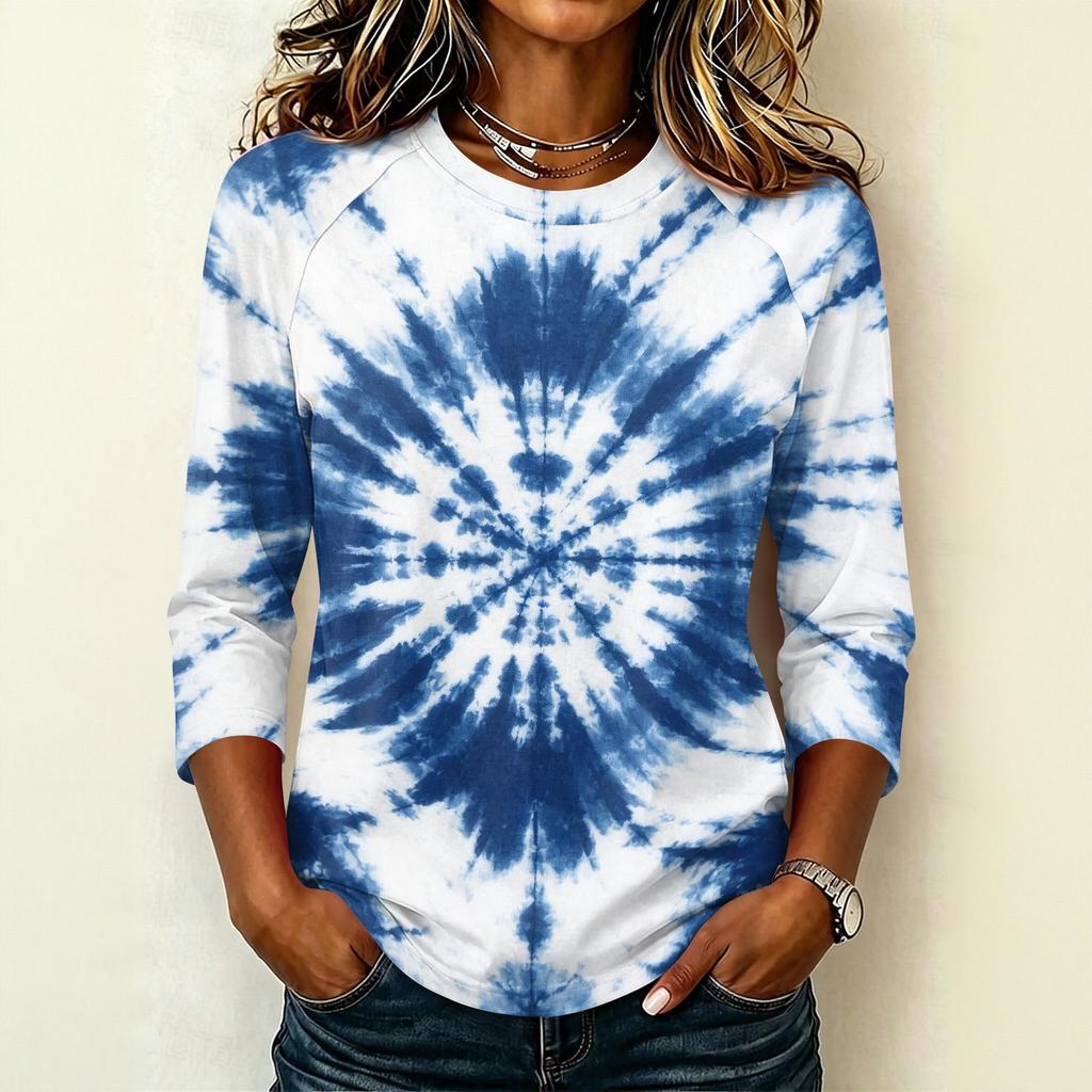 Damen Lässiger Raglanärmel Pullover T-Shirt Rundhalsausschnitt Dreiviertelarm Batik Print Oberteil für den Alltag