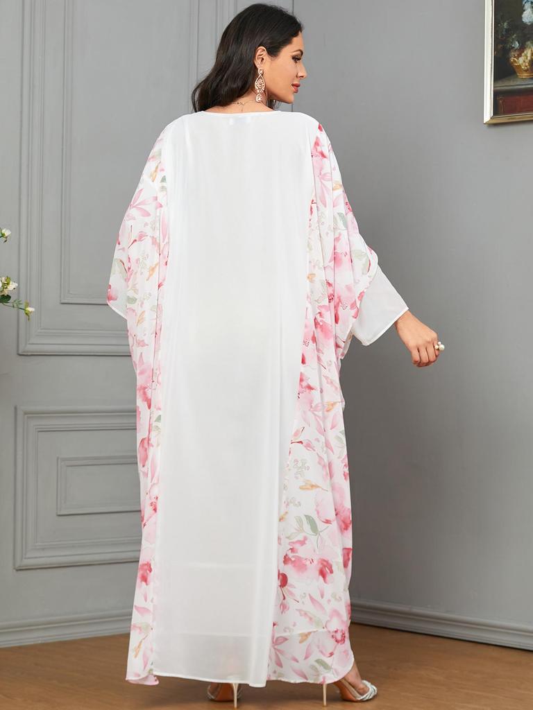 Muslim Women's Embroidered Dubai Robe: Digital Print, Color Block Batwing Sleeve Dress