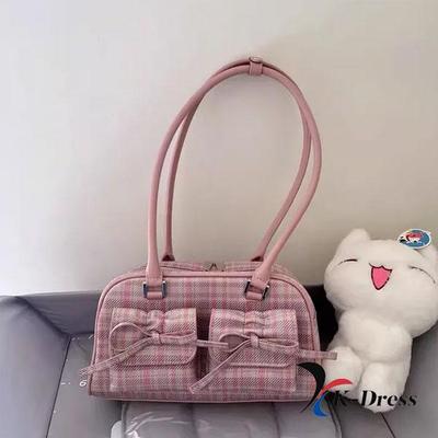 Ruffle Check Pink & Black Ribbon Two-pocket Leather Shoulder Bag (2 Colors)