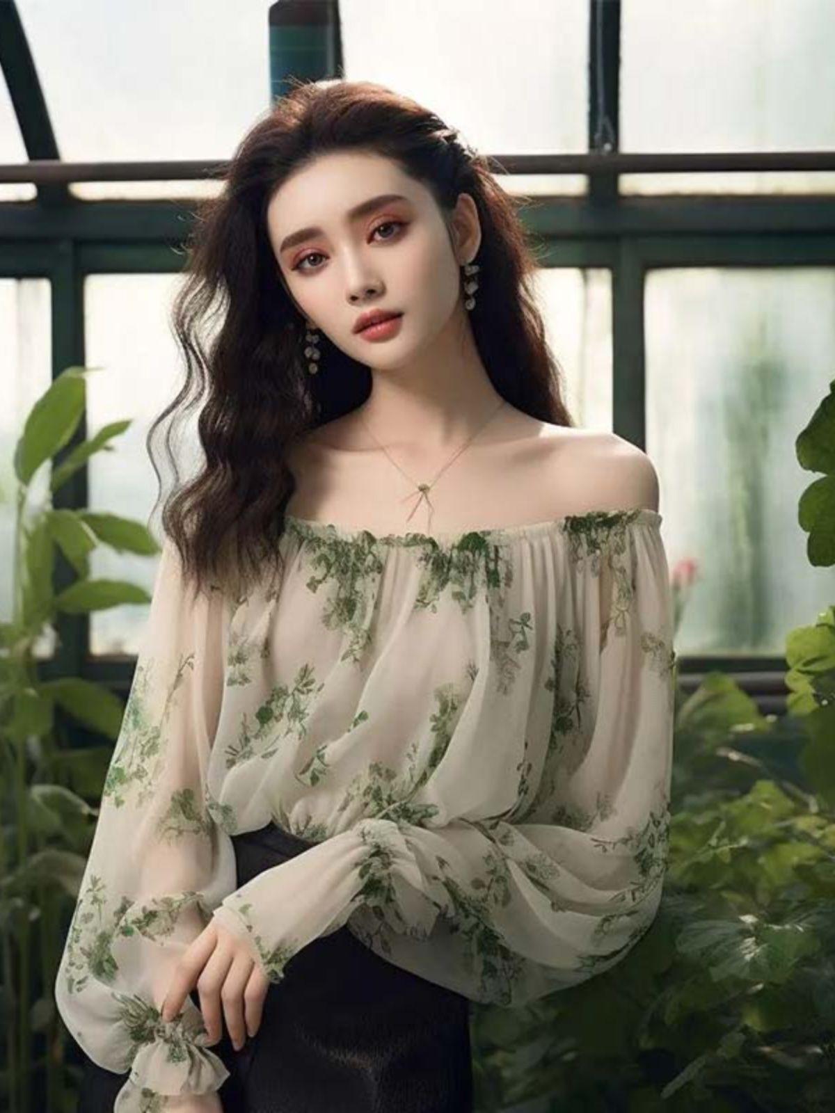 

Корейський шик зелений топ на одне плече з квітковим принтом та довгим рукавом XL