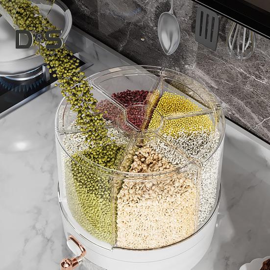Distribuidor de cereais giratório de 360 graus, recipiente de arroz com tampa, grande capacidade, vários compartimentos, organizador de armazenamento de grãos