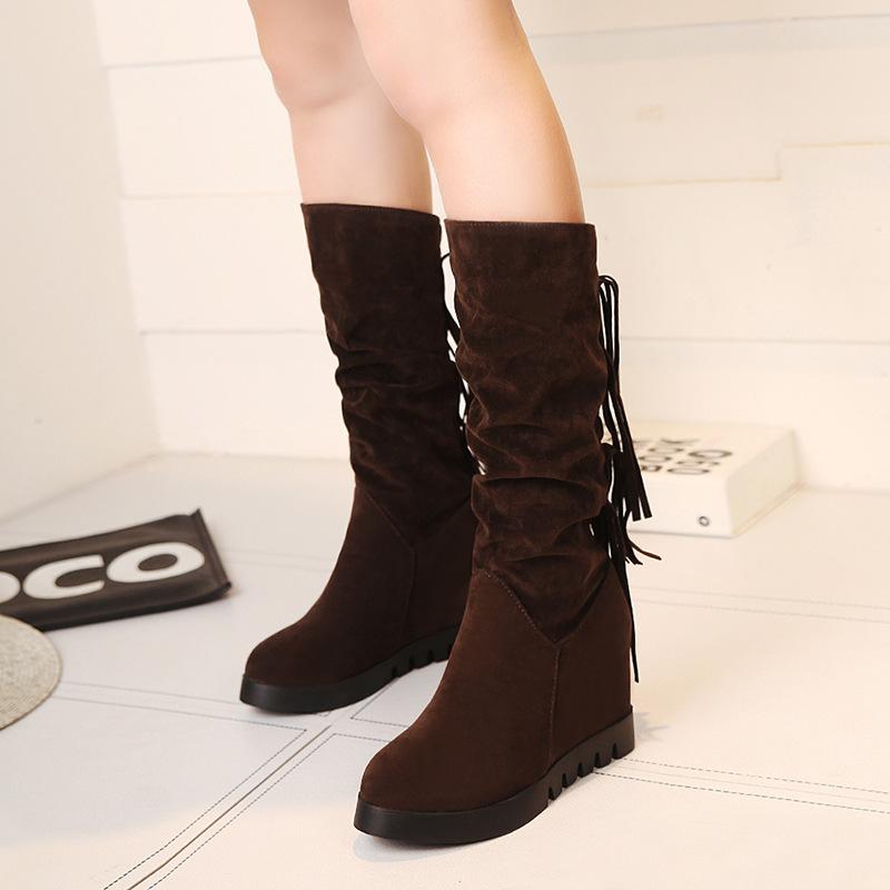 New Inner Water Platform Wedge Heel High Heel Casual Boots Medium Tube Fringed Boots Cotton Boots Large Size Boots