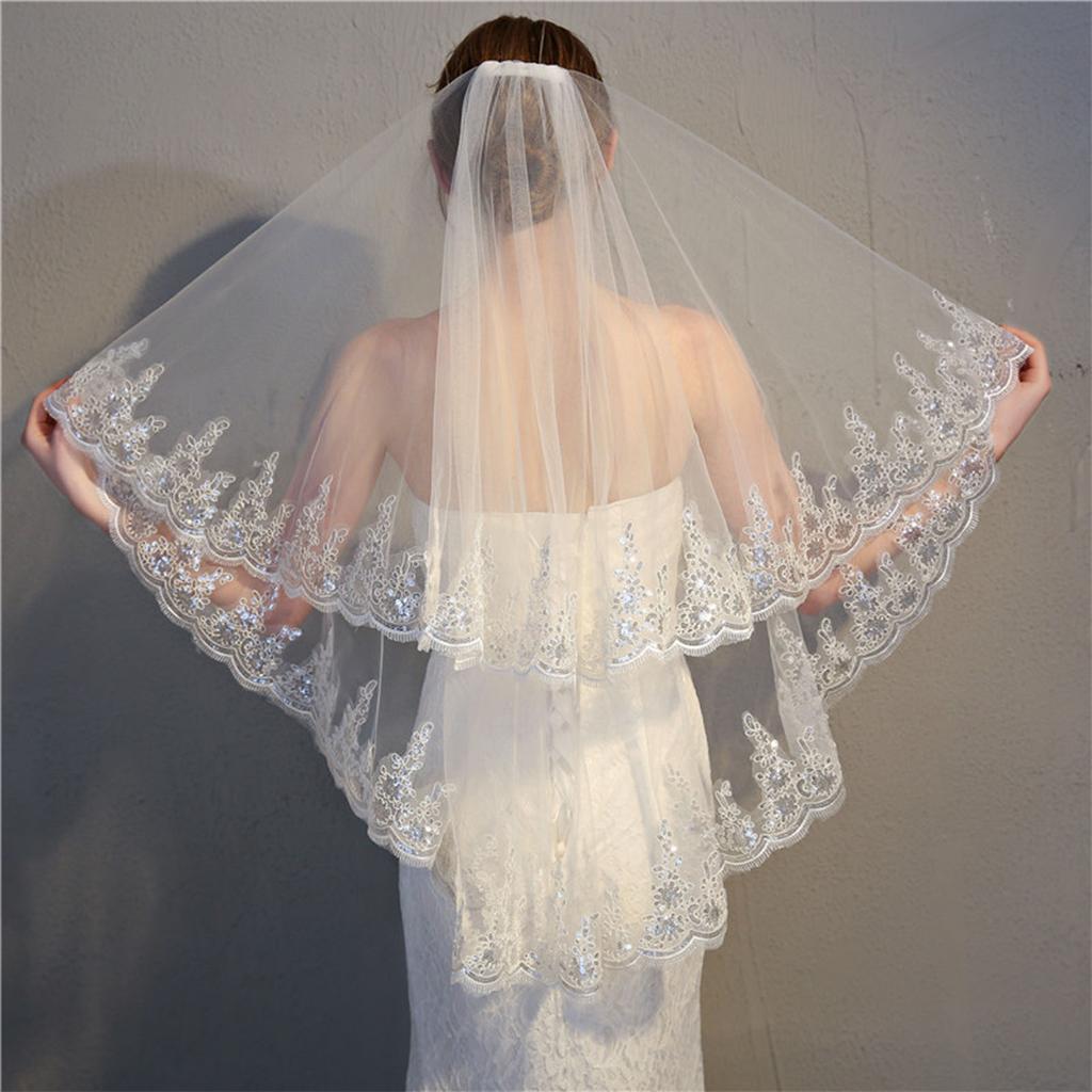 Women 2 Tier Lace Tulle Wedding Veil Exquisite Elegant Shiny Glitter Sequins Bridal Veil with Comb