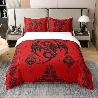 Roter Hintergrund Schwarzer Drache Druck Bettwäschebezug-Sets Full Chinesisches Drachenmuster Bettwäschebezug-Sets Full Weiche 3-teilige Bettdecken-Sets