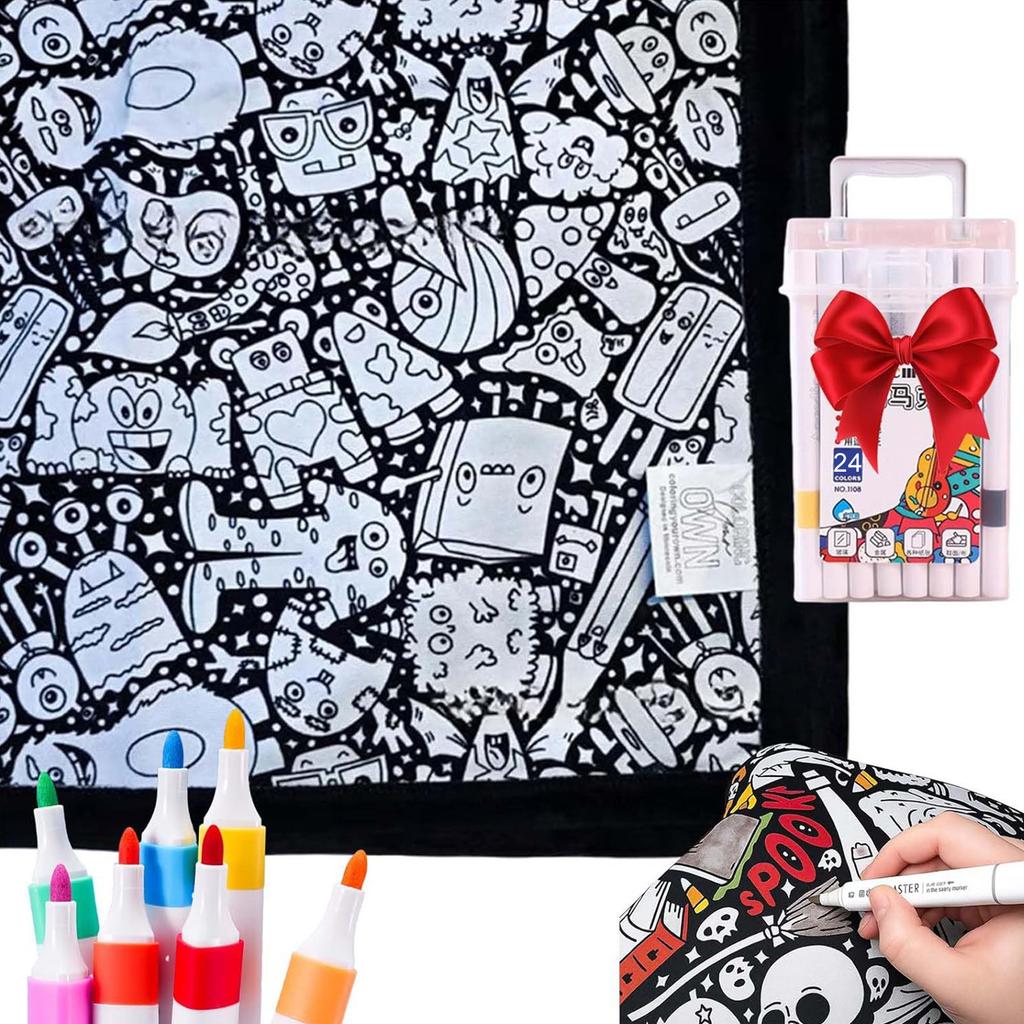 24Color Pens DIY Coloring Blanket with Markers Color Your Own Blanket Washable Reusable Soft Cozy Fleece Drawing Mat for Friends