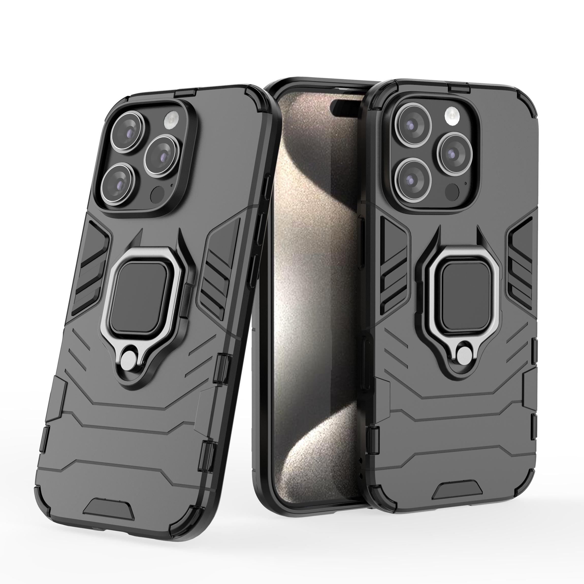

For iPhone 16 Pro Case PC+TPU Ring Kickstand Protective Phone Cover Black