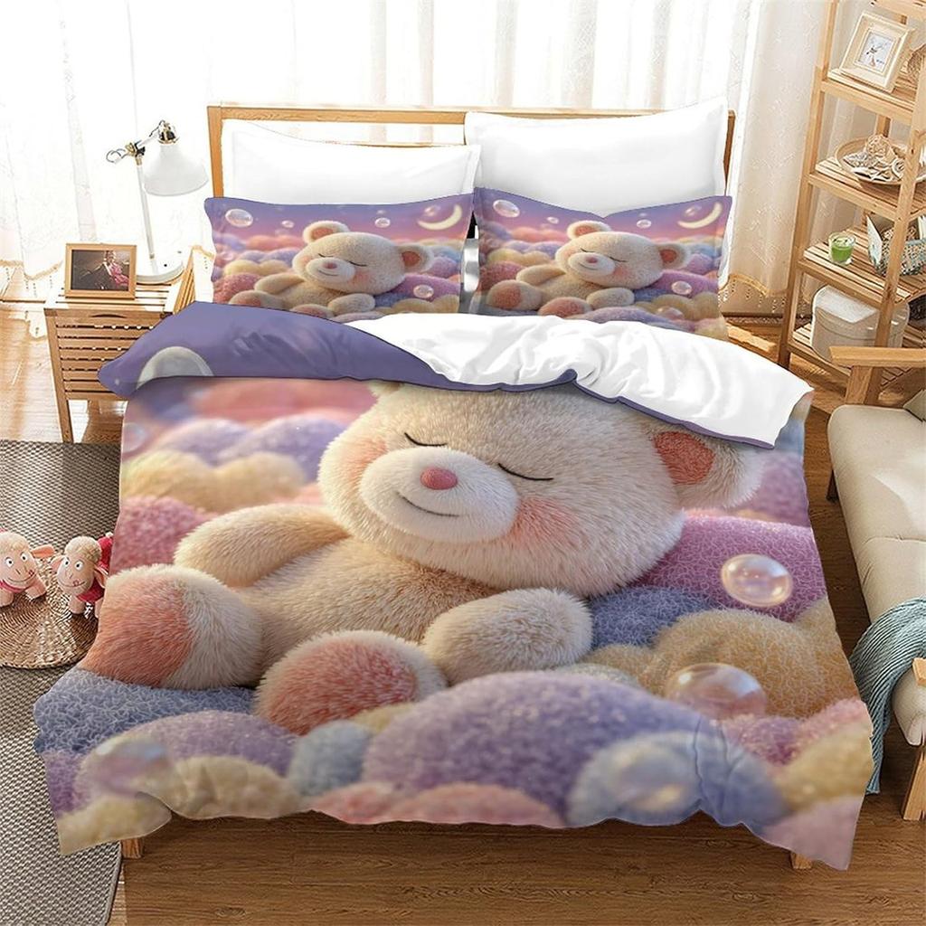 Bettwäsche-Set mit Teddybär, 3D-Digitaldruck, Tiermotive, Wildtiere, Bettbezug, 2-teiliges Set, Steppdeckenbezug, Universell für alle Jahreszeiten