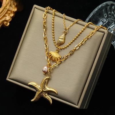 Edelstahl Seestern Muscheln Perle Anhänger Halskette Für Frauen Neue 3in1 Halsband Ketten Schmuck Dame Geschenk