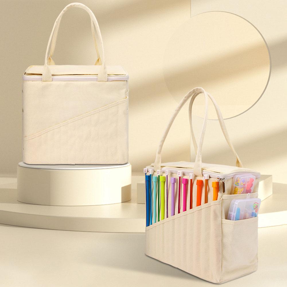 Canvas Yarn Storage Bag Large Capacity Knitting Bag with Multi-layer Pockets Tote Organizer for Hooks Knitting Needles