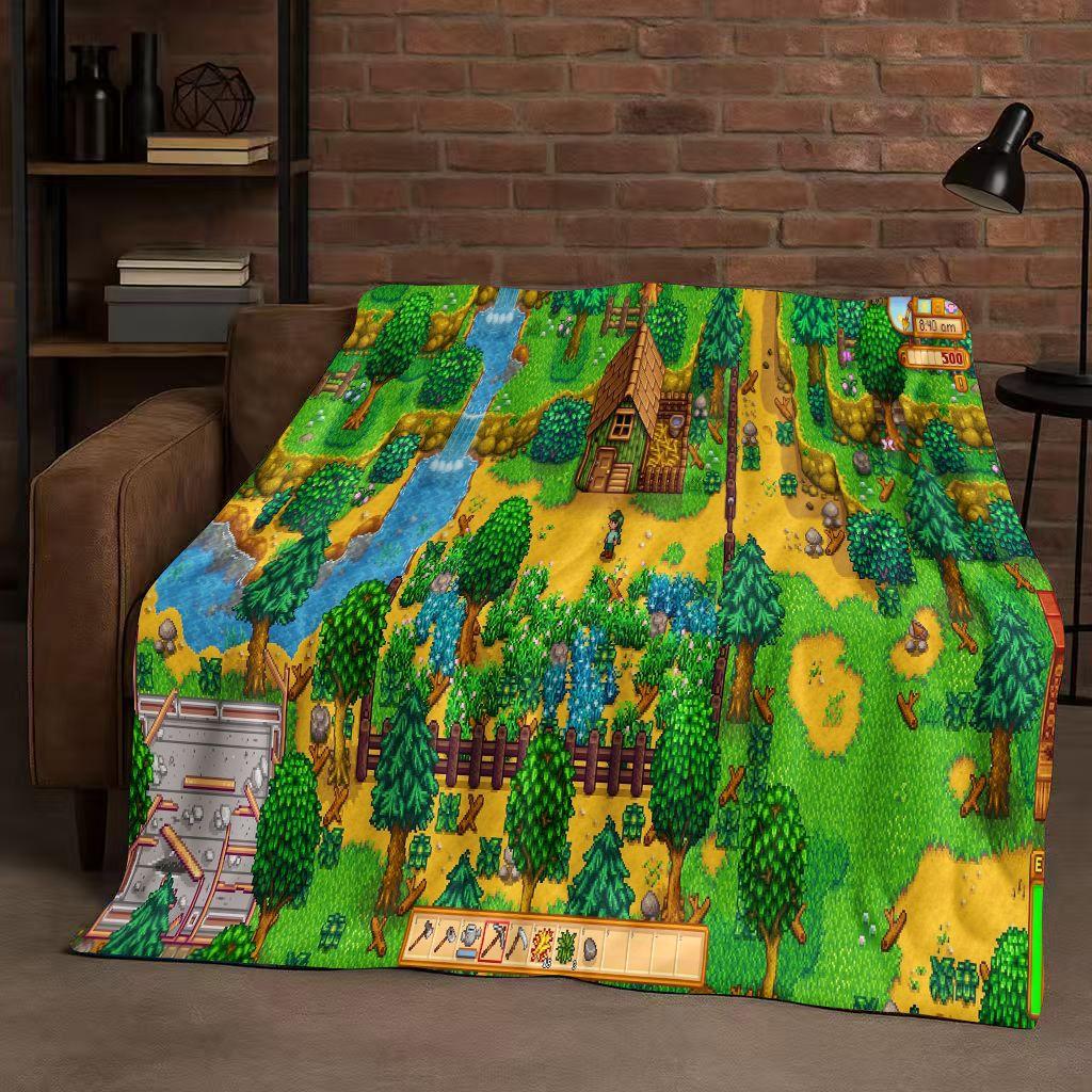 3D Retro Stardew Valley Farm Map Pixel Game Flannel Blanket,Ultra Soft Warm Plush Throw for Home Bedroom Bed Sofa Cover Kid Gift