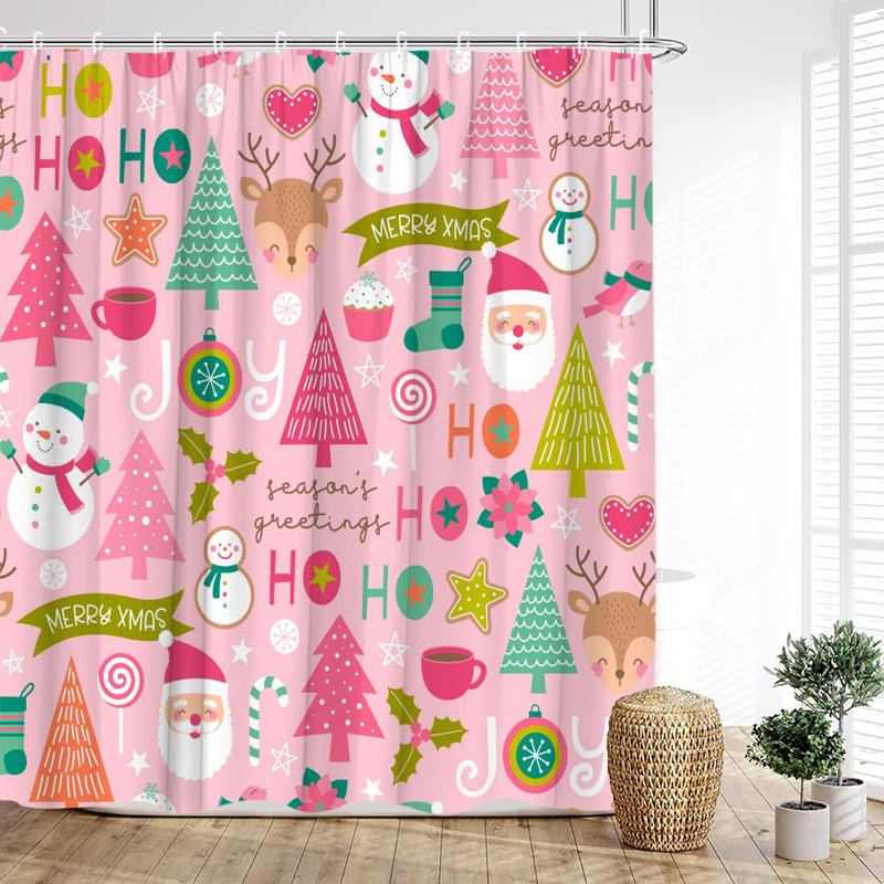 Cartoon Christmas Shower Curtain Funny Snowman Santa Claus Elk Xmas Trees New Year Kids Bath Curtains Bathroom Decor With Hooks