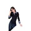 Women's Autumn Plaid Polo Collar Long Sleeve Top, Slim Fit, Embroidered Two-Piece Style