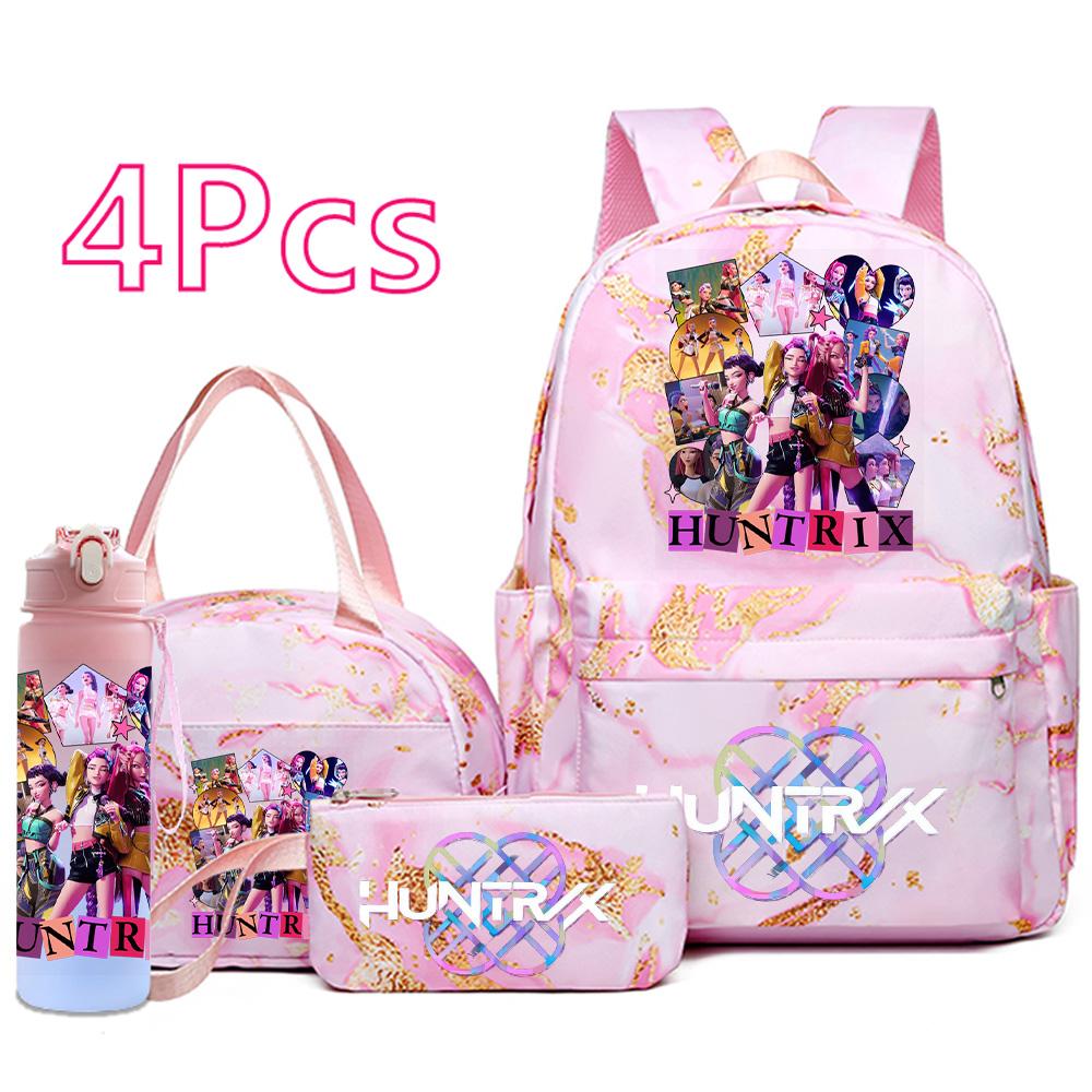 Set 4 buc/set Rucsac cu Imprimeu Vânătorii de Demoni, Geantă de Mână, Toc de Creioane, Sticlă de Apă 750ml pentru Adolescent Băiat Fată Rucsac Școlar Impermeabil cu Capacitate Mare