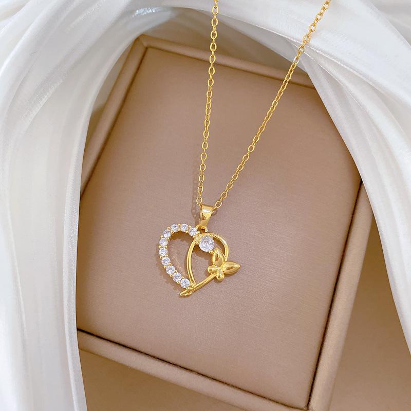 Geometric Love Butterfly Micro-Inlaid Diamond Light Luxury Cute Necklace Women'S Fashion Personality Temperament Collarbone Chain