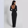 Knitted Long Sleeved Backless Sexy Long Dresses Women U-neck Contrasting Splicing Waist Cinching Dress