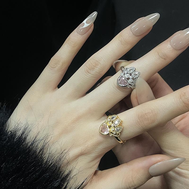 Gold Crown, Pink Zircon Love Opening Ring, Niche Design, High-End Full Diamond Ring.