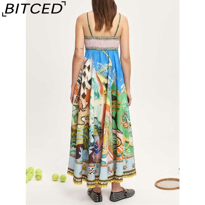 BITCED Spring/Summer Casual Maxi Dress for Women Spaghetti Strap Printed Linen 9 Colors Full-Skirted Dress
