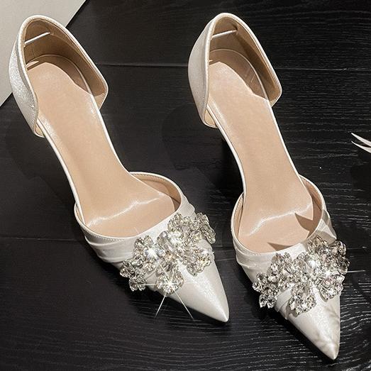 French High Heels Women's New Rhinestone White Wedding Bride Shoes Hollow Dress Single Shoes