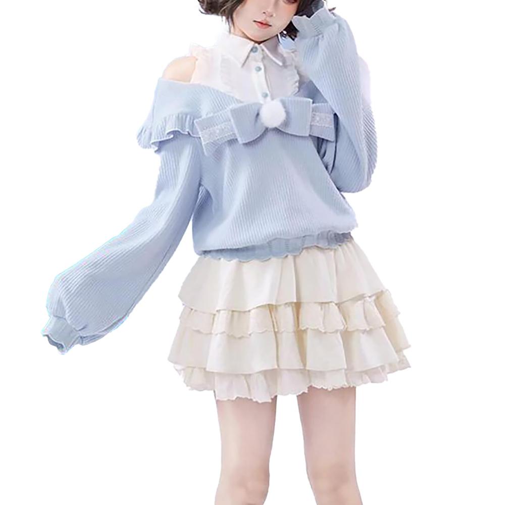 Jundakara Sweater and Mini Perfect for a Mori or Schoolgirl Dreamy Long and Size S Women's 2-Piece Set, Skirt, Open-Shoulder Tiered, Mass-Produced