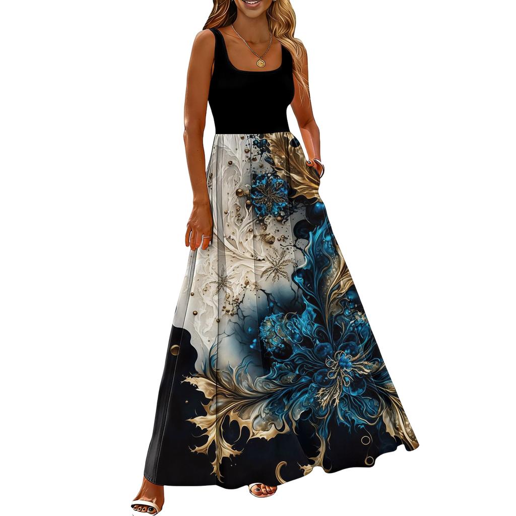 Ladies' floral print summer casual and fashionable sleeveless long dress