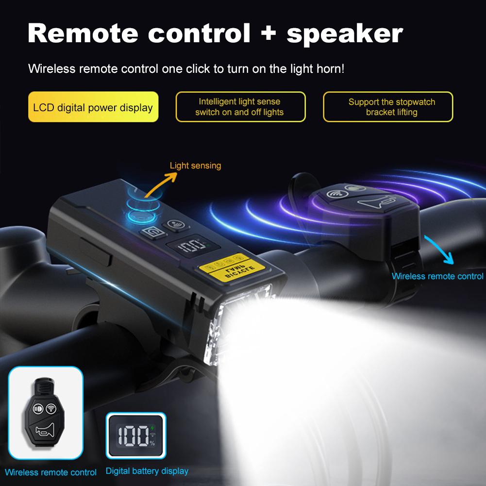 LED Bike Headlight with Horn Remote Control Bike Handlebar Flashlight Type C Rechargeable Bicycle Front Lamp Cycling Accessories
