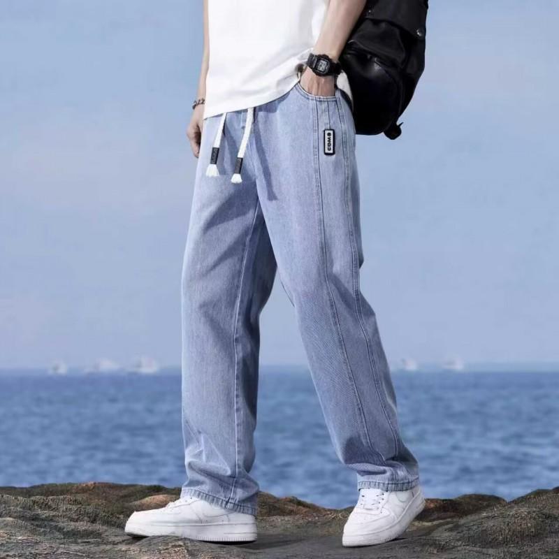 Mens Straight Leg Jeans Vintage Loose Drawstring Waist Casual Denim Pants
