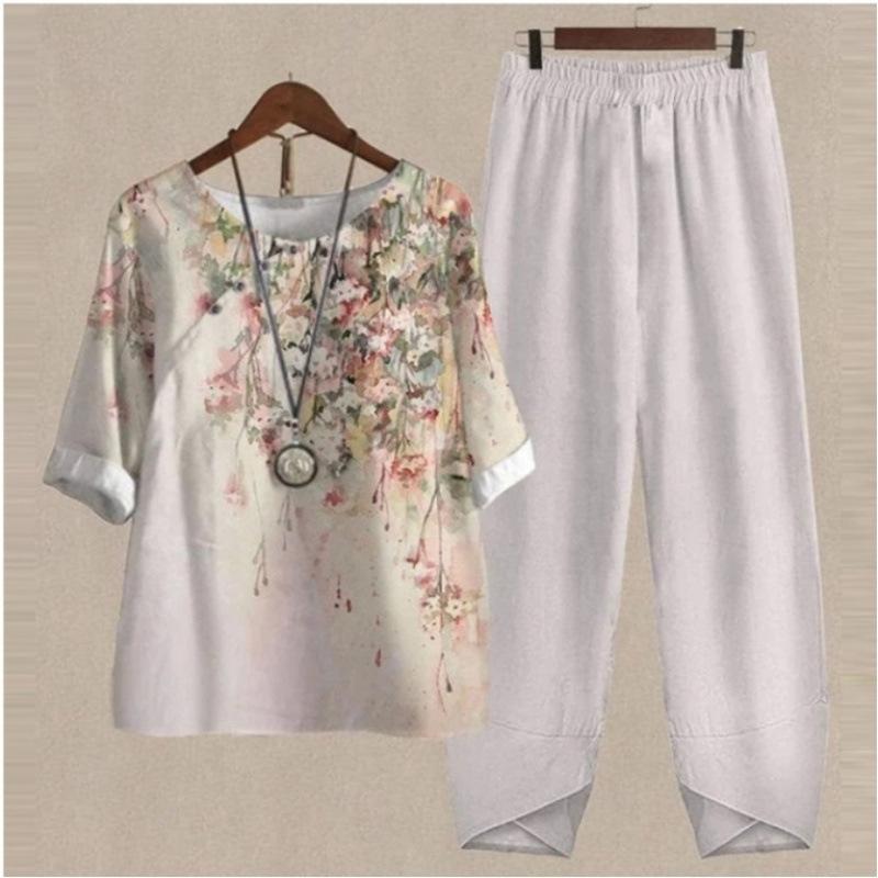 Sommer Lässige Zweiteiler Damen Locker Kurzarm T-Shirt High Waist Hose Print Outfits Damen Elegant Vintage Oberteil Hosenanzug
