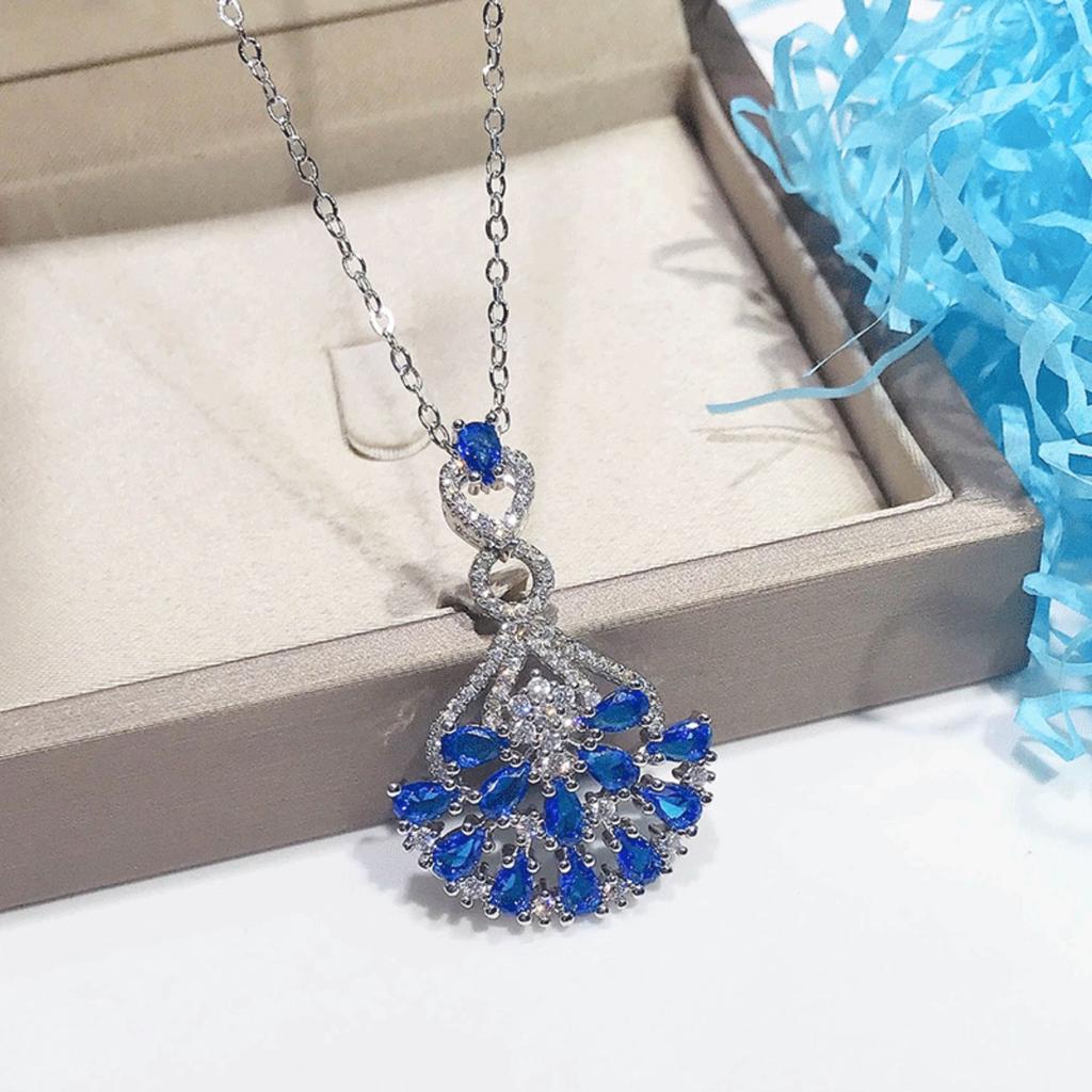 Fan Shaped Pendant Necklace with Deep Blue and Clear Stones Ornate Statement Jewelry for Women