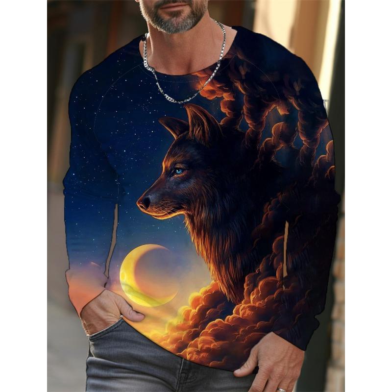 Herren Sommer Langarm 3D-gedrucktes Wolfsmuster T-Shirt Tops Herren Streetwear Kleidung Rundhals Grafik Langarm T-Shirt