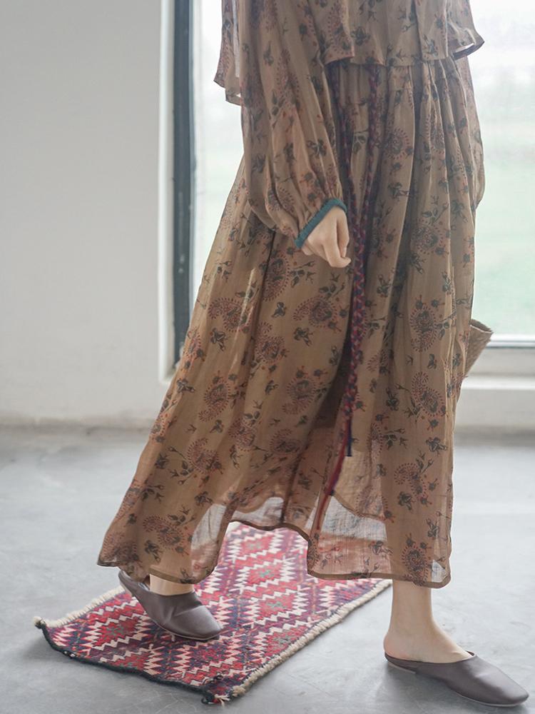 Johnature Dámské vintage potisk květinové ramie sukně elastický pas letní volné měkké vysoce kvalitní dámské sukně