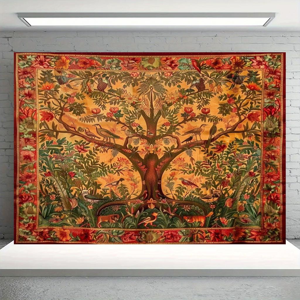 2D Flat - 2D Flat, Top Pick 1pc Vibrant Bohemian Life Tree Tapestry - Lush Foliage And Wildlife Design, Wall Hanging for Bedroom, Living Room, Dorm De