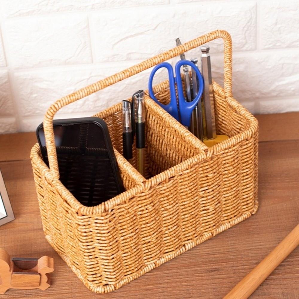 Large Capacity Woven Basket Space Saving Easy Clean Storage Tray with Handle Woven Weaving Utensil Organizer Basket