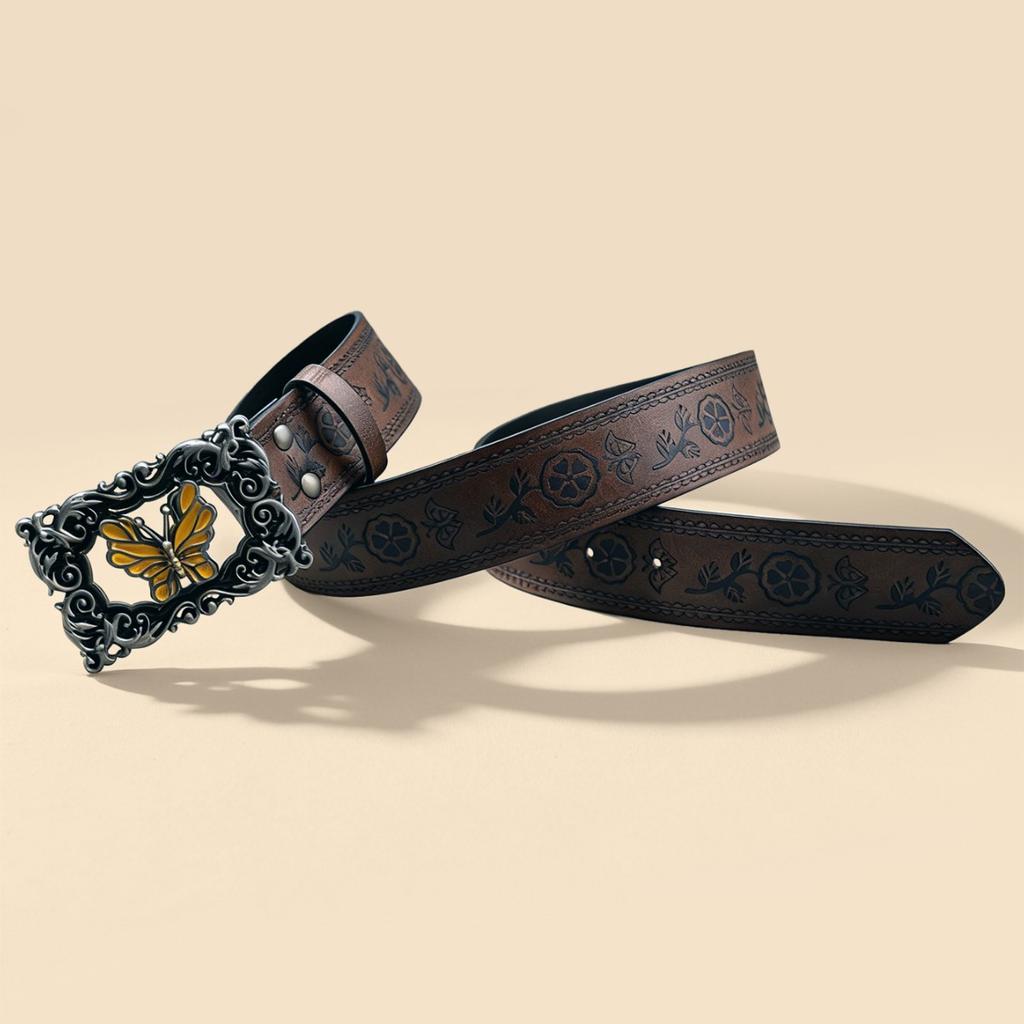 Retro hollow yellow butterfly buckle wide belt, flower embossed PU versatile denim belt wholesale