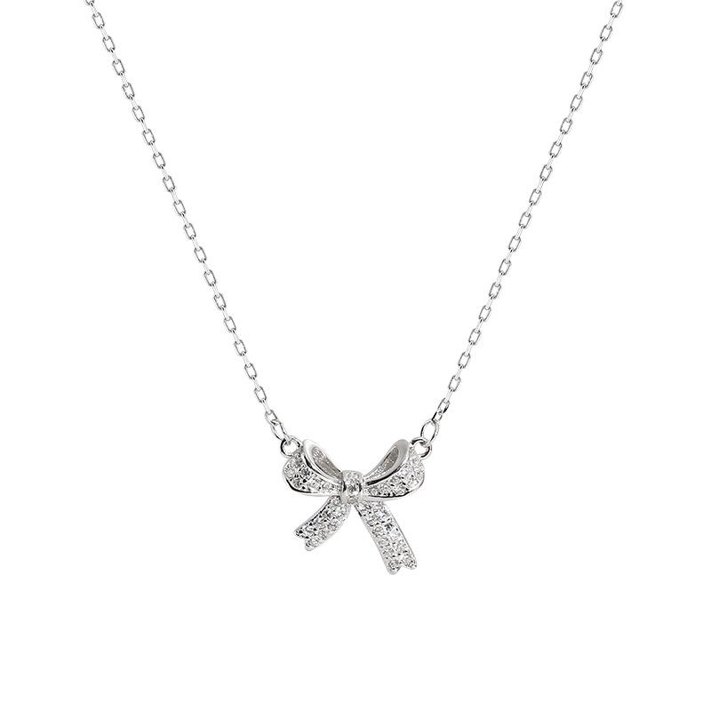 Sparkling Diamond Small Bow Necklace Women Light Luxury and Sweet Collarbone Chain