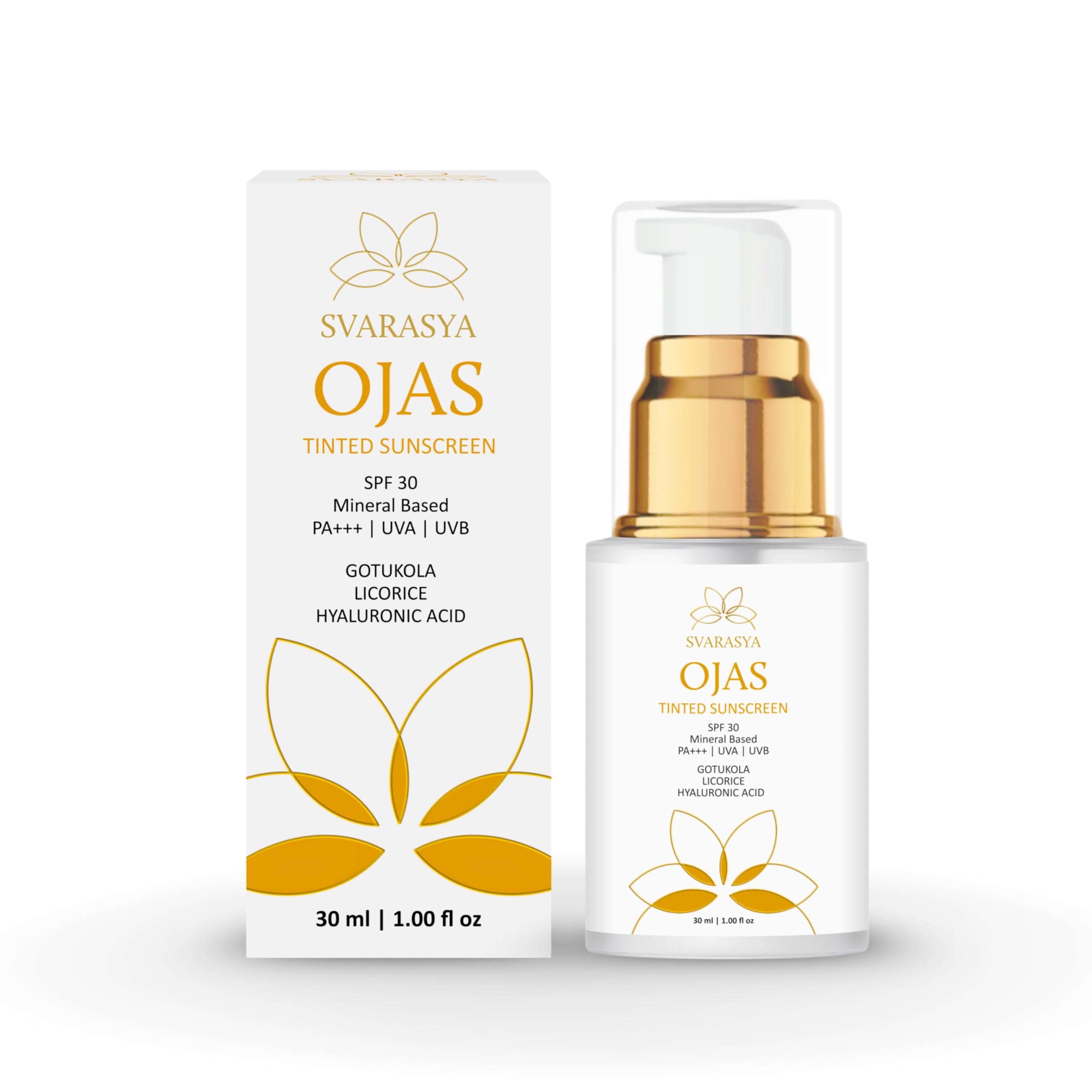 Svarasya Ojas Sunscreen SPF 30 PA+++ | Mineral Based Tinted Sunscreen | Protection Against UVA/UVB rays | Lightweight & No White Cast | For All S