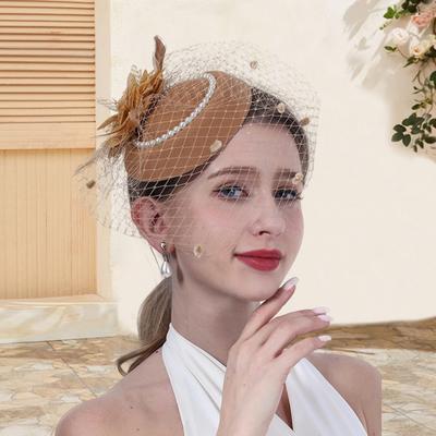 Vintage Style Pillbox Hat with Faux Pearls Mesh Feather Decor Hair Topper Headwear Weddings Events Hair Accessories