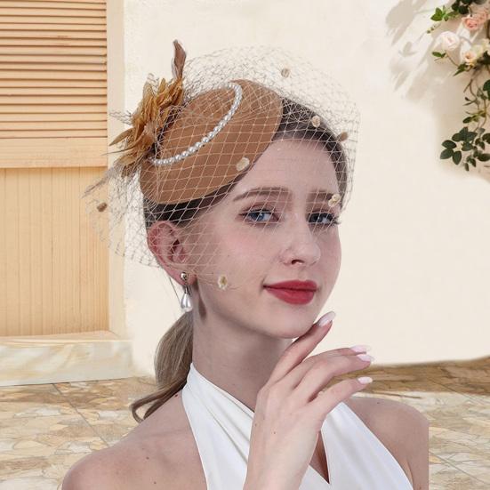 Vintage Style Pillbox Hat with Faux Pearls Mesh Feather Decor Hair Topper Headwear Weddings Events Hair Accessories