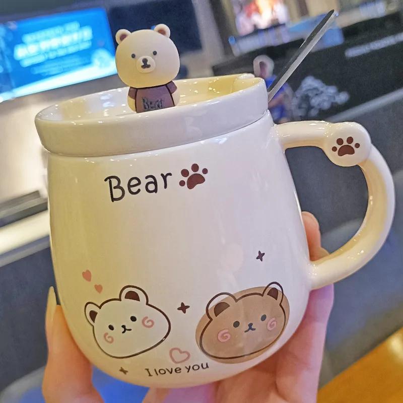 Kreative Keramiktasse mit Bär, Niedliche Cartoon-Kaffeetassen mit Deckel und Löffel, Frühstücks-Milchgetränkebecher, Wasserbecher für Paare, Bürotassen-Set